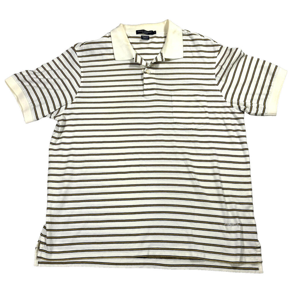 Daniel Cremieux Polo Shirt Mens L White Brown Yellow Stripe Classic Cotton Top